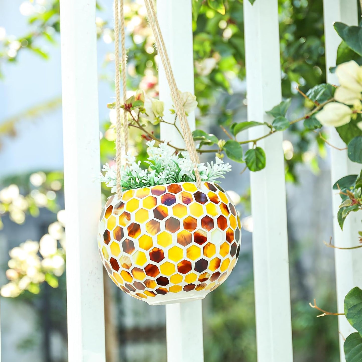 Hanging Planter Mosaic Garden Pot Small Flower Pot for Indoor Plant Disco Ball Hanging Planter with Drainage Yellow Bee-VerdiqueGarden