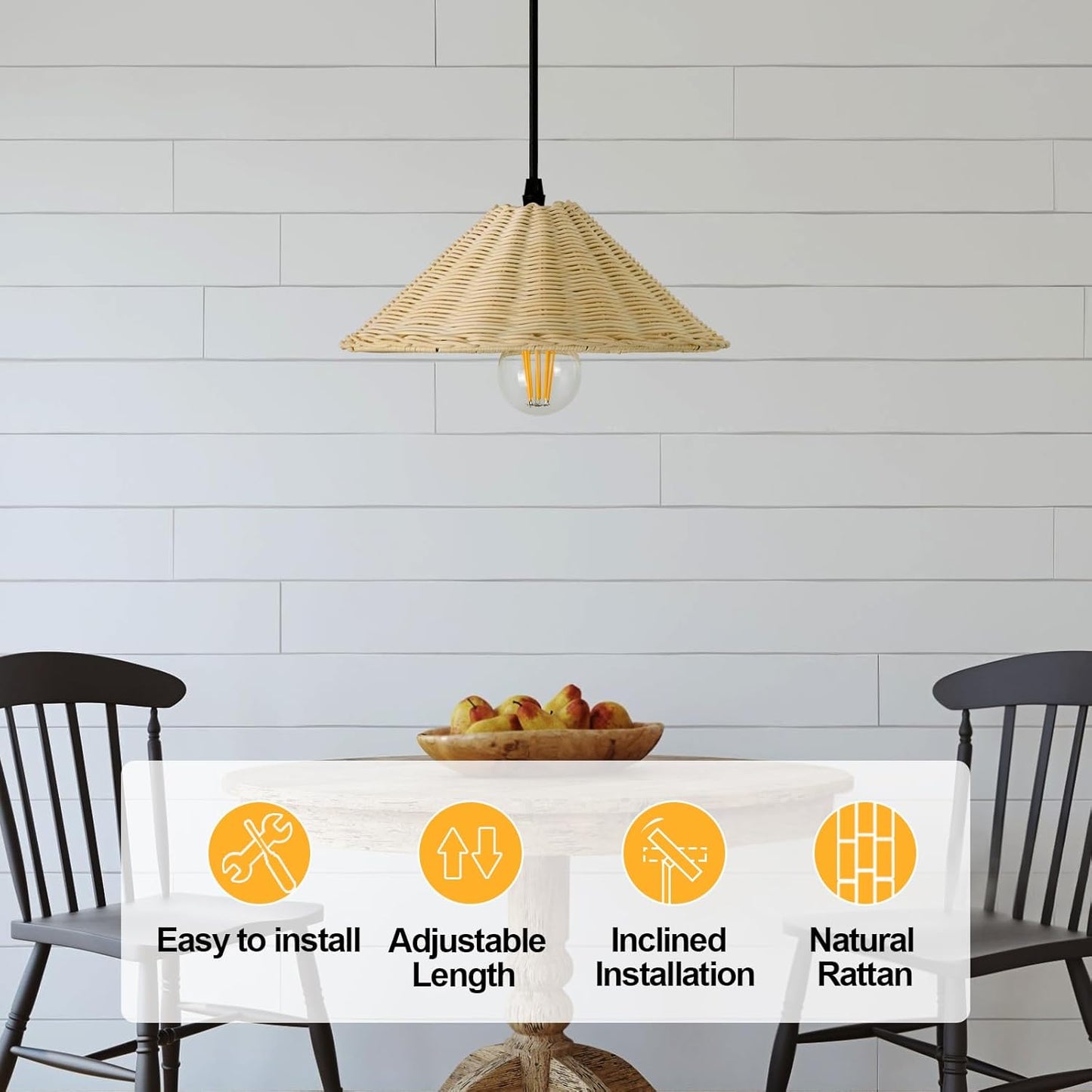 TERLEENART Hard Wired Rattan Pendant Lights Set of 2,Farmhouse Coastal Woven Wicker Ceiling Light with 10.65” Cone Shade, Boho Wired Mounted Hanging Chandelier for Bedroom Dining Room Kitchen Island-VerdiqueGarden