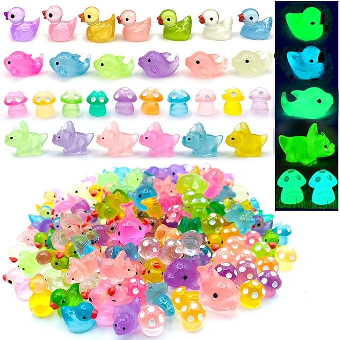 148Pcs Luminous Mini Resin Animals, Tiny Ducks Glow in The Dark Dolphins Dinosaurs Mushrooms 4 Combination Resin Set, Miniature Figures for Garden Decoration Aquarium Home Party Decor-VerdiqueGarden