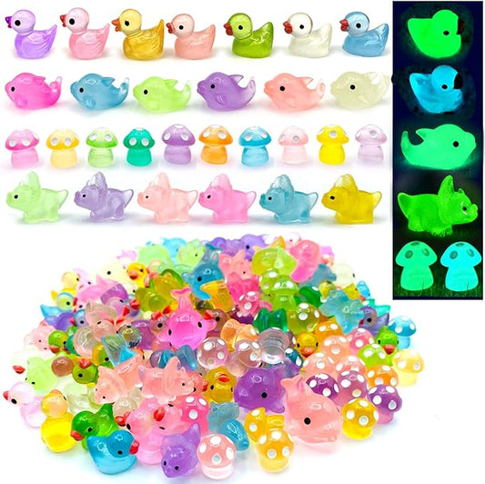 148Pcs Luminous Mini Resin Animals, Tiny Ducks Glow in The Dark Dolphins Dinosaurs Mushrooms 4 Combination Resin Set, Miniature Figures for Garden Decoration Aquarium Home Party Decor-VerdiqueGarden