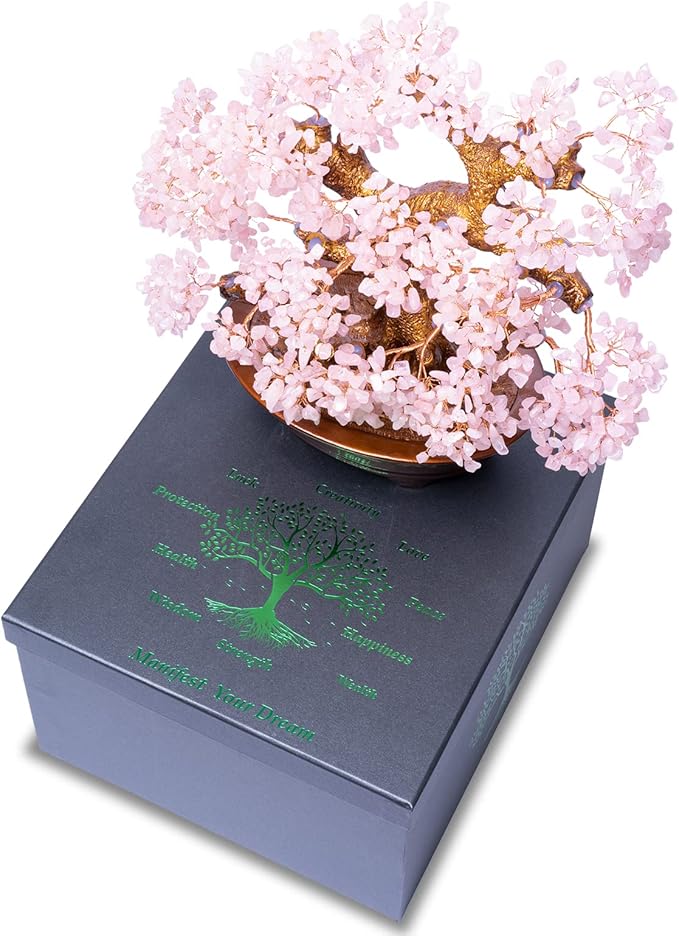 Natural Rose Quartz Tree Large,14" Chakra Crystal Tree(1,251 Gemstone Count) w/Lucky Coins Chain Healing Properties - Bonsai Feng Shui Money Tree for Love Self Care Home Office Decoration-VerdiqueGarden