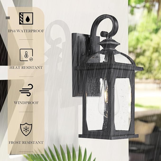 zeyu Outdoor Porch Light Wall Light Fixture, 15 Inch Exterior Wall Lighting for House, Die-Cast Aluminum with Seeded Glass, Black Finish, ZD100B BK-VerdiqueGarden