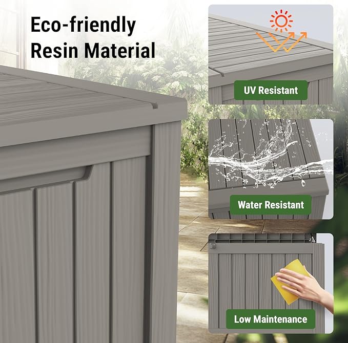 Mars Villa 119 Gallon Outdoor Storage Box Waterproof, Large Resin Deck Box for Pool Supplies Storage, Outdoor Patio Furniture Cushions, with Hydraulic Hinge, UV-Resistant and Weatherproof, Greige-VerdiqueGarden