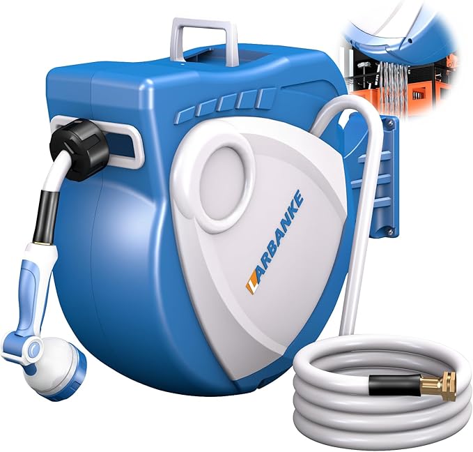 1/2 in × 100 ft Garden Hose Reel,Wall-Mounted Hose Reel with Bottom Drain,180° Rotating Bracket,with 10-Function Sprayer Nozzle,Lockable at Any Length,Equipped with Waterproof Bag(Blue)-VerdiqueGarden