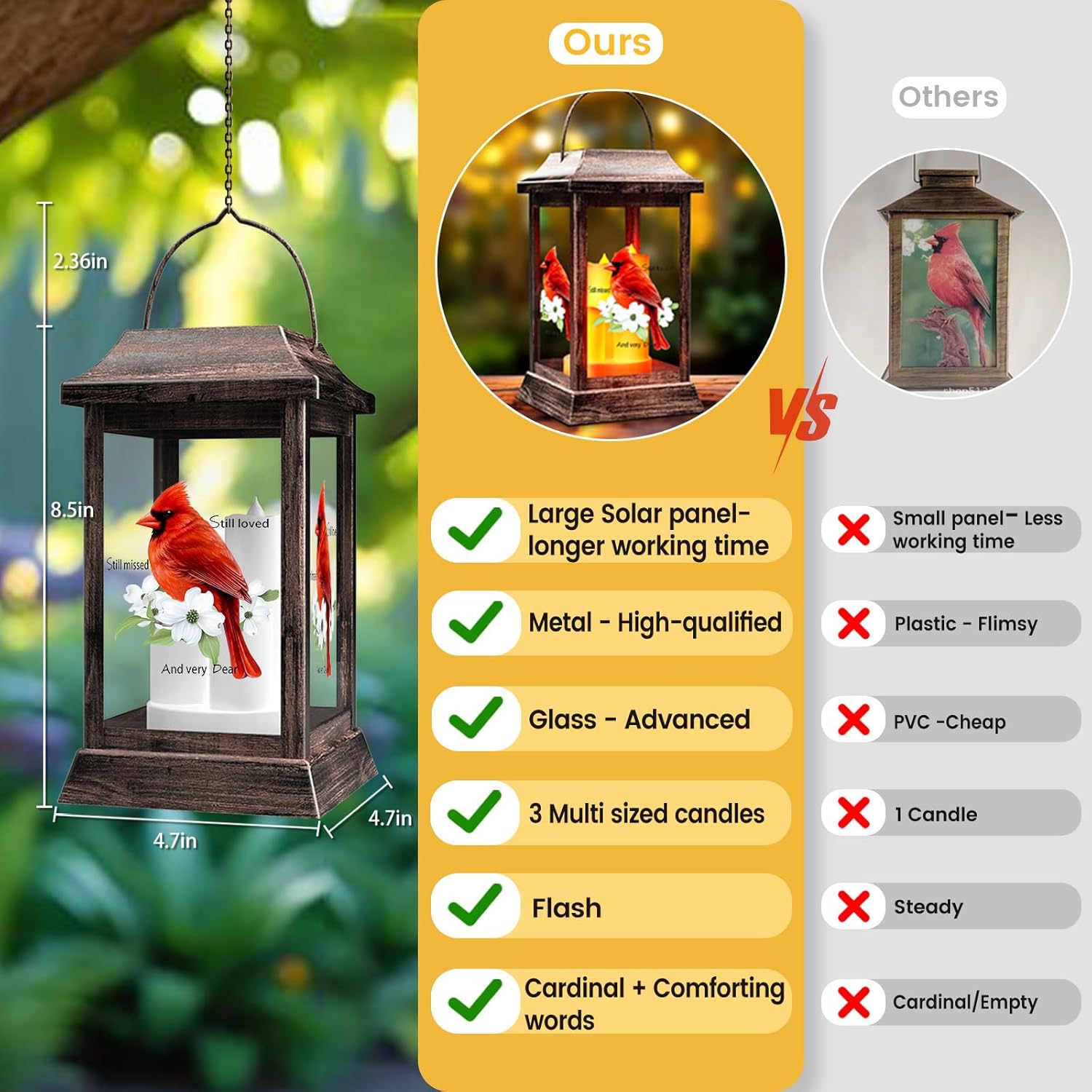 Solar Lanterns Outdoor Hanging Lanterns, Metal with Glass Cardinal Solar Lights, Waterproof Decorative Lantern Garden Decor for Outside Table Patio Yard, Memorial Gifts Grave Decorations for Cemetery-VerdiqueGarden