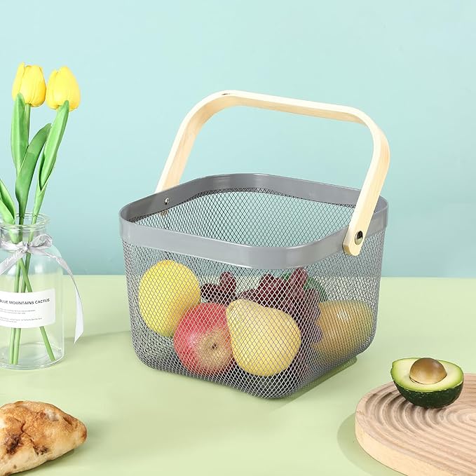 Metal Mesh Steel Basket, Storage Organizer Basket Multi-functional Hanging Kitchen Baskets Fruit Basket with Wooden Handle for Kitchen Bathroom Picnic Shopping Decor Cabinet Home, Grey-VerdiqueGarden