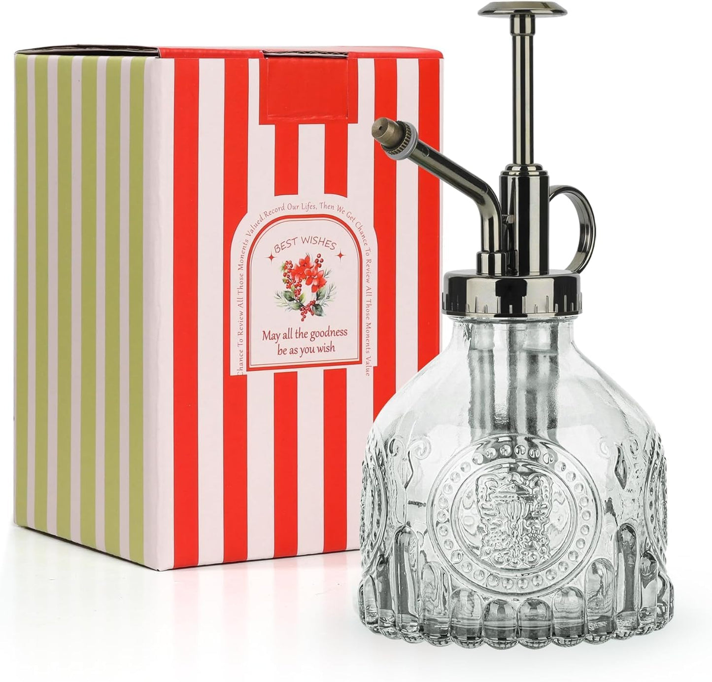 T4U Glass Plant Mister 200ML, Vintage Spray Bottle with Top Pump Fine Mist Garden Flower Sprayer Small Decorative Spritzer Watering Can Gift for Indoor Outdoor Succulent House Plant (Clear)-VerdiqueGarden