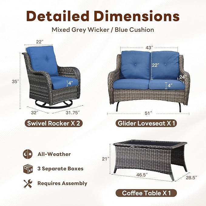 4 Piece Patio Furniture Set - Outdoor Glider Bench with Swivel Rocker Chairs and Coffee Table, High Back Small Outdoor Conversation Furniture Sets for Deck Sunroom Balcony Backyard-VerdiqueGarden