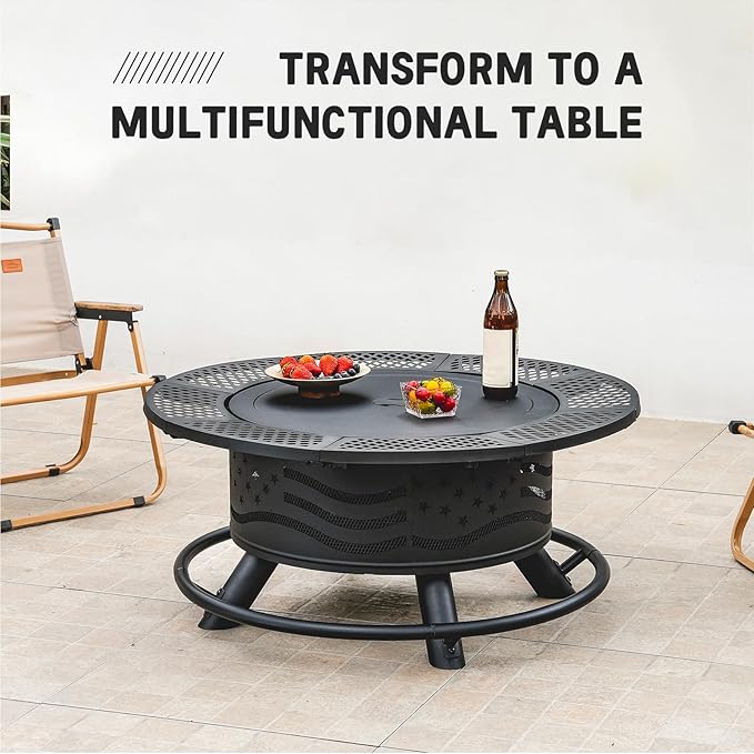 36 Inch Fire Pit with 2 Cooking Grates, Outdoor Wood Burning BBQ Grill Firepit Bowl with Cover Lid, Steel Round Table for Backyard Bonfire Patio Picnic (Black, 36IN)-VerdiqueGarden