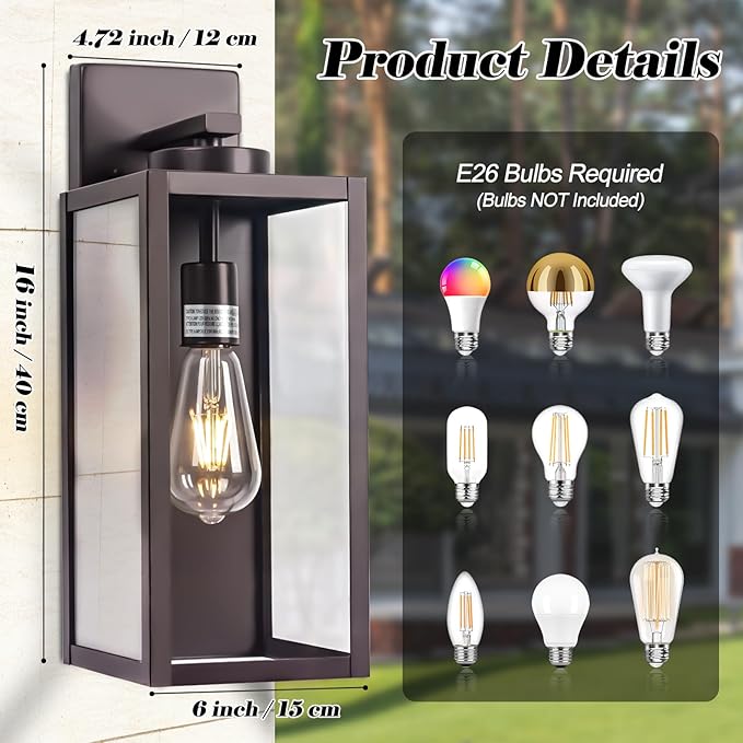 Oil-Rubbed Bronze Outdoor Wall Light Fixture, Large 16" ORB Exterior Wall Lantern, Farmhouse Porch Sconce Lighting, Modern Wall-Mounted Outside Lights for House, Garage, Patio Lamp-VerdiqueGarden