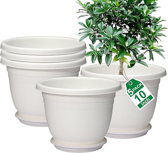 5 Packs 10 inch Plant Pots + Saucer, Planters for Indoor & Outdoor Plants with Drainage Holes | Plastic Flower Pots, Large Planter (White, 10 inch)-VerdiqueGarden