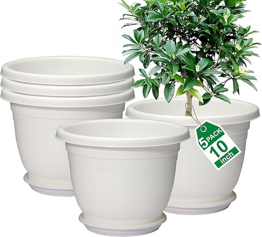 5 Packs 10 inch Plant Pots + Saucer, Planters for Indoor & Outdoor Plants with Drainage Holes | Plastic Flower Pots, Large Planter (White, 10 inch)-VerdiqueGarden