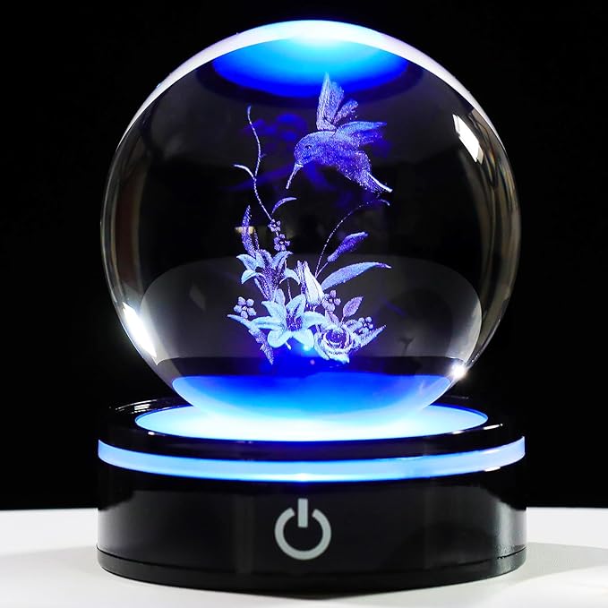 YWHL 3D Hummingbird Figurine Crystal Ball with Light Base, Hummingbird Gifts for Women Men on Christmas Birthday, 3D Laser Engraved Hummingbird Ornament Glass Decorative Ball for Home Office (80mm)-VerdiqueGarden