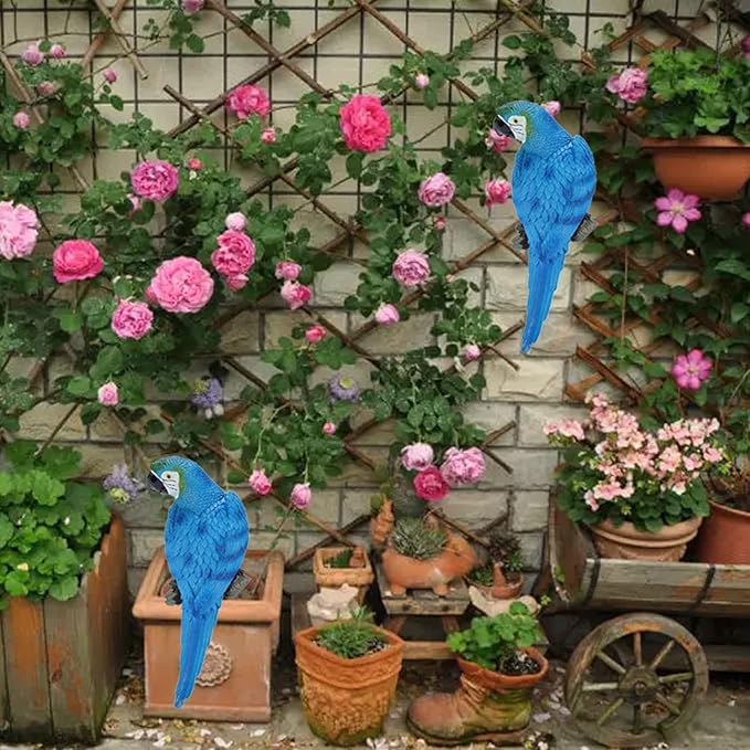 12inch Blue Parrot Tiki Bar Statue for Pool Decorations, Outdoor Parrot Deck Decor, Resin Plastic Parrot Sculpture for Porch, Life Size Tropical Birds for Yard, Tree Faces Animals(Blue)-VerdiqueGarden