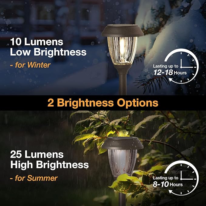 XMCOSY+ Solar Lights Outdoor 10/25 LM LED with 2 Lighting Modes, Solar Garden Lights Glass and Metal, IP65 Waterproof Solar Powered for Yard Pathway Walkway Driveway Patio (6 Pack, Warm White)-VerdiqueGarden