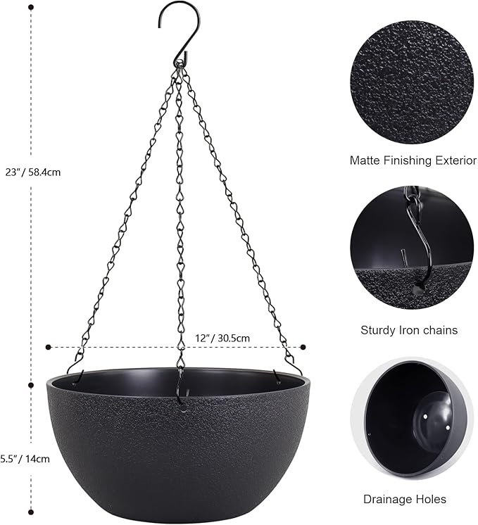 12 inch Large Hanging Planters for Indoor Outdoor Plants, 2 Pack Hanging Flower Pots with Drainage Holes and Chain for Garden Porch Plants, Plastic Hanging Baskets for House Plants, Black-VerdiqueGarden