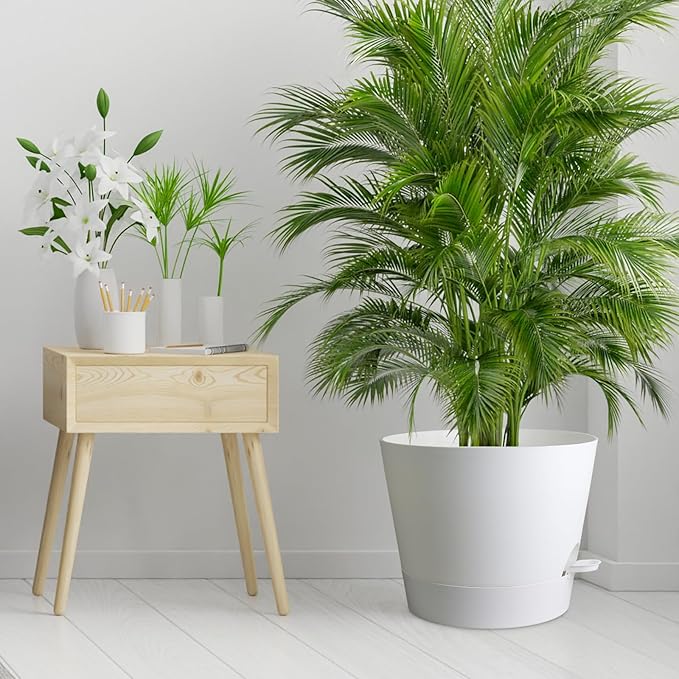 12 inch Large Self Watering Pots for Indoor Outdoor Plants, Flower Plant Pots with Mesh Drainage Holes for Garden House, Plastic Planters with Reservoir for Home, White-VerdiqueGarden