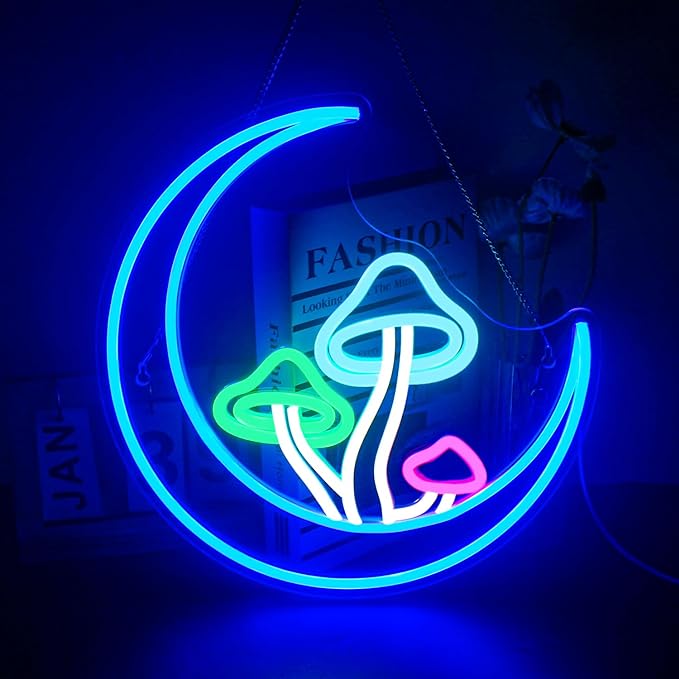 Moon Mushroom Neon Sign Blue Moon Neon Lights for Wall Decor Mushroom Light Up Signs USB LED Signs for Girls room Living Room Kids Room Home Bar Party Shop-VerdiqueGarden