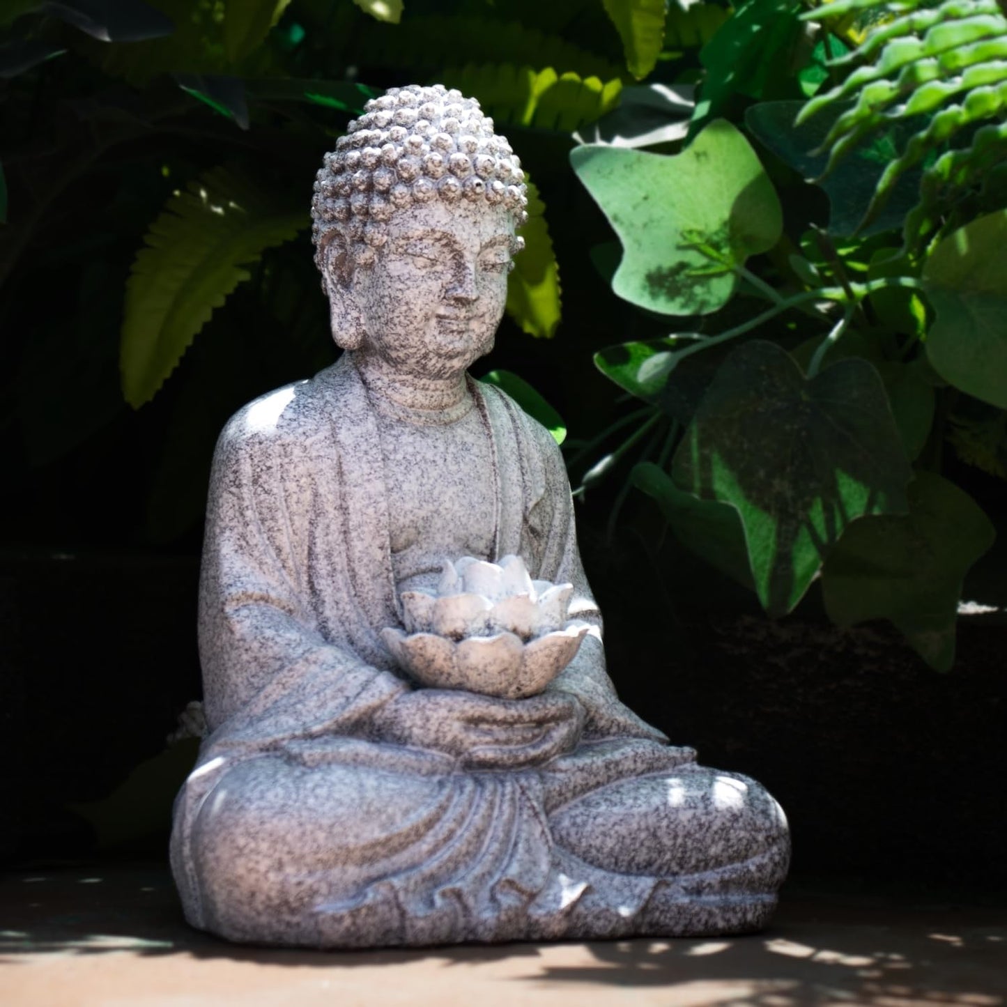 Buddha Lotus Statue with Solar Lights, Resin LED Figurine for Garden Decor – Unique Gift for Women and Friends(Grey Buddha)-VerdiqueGarden