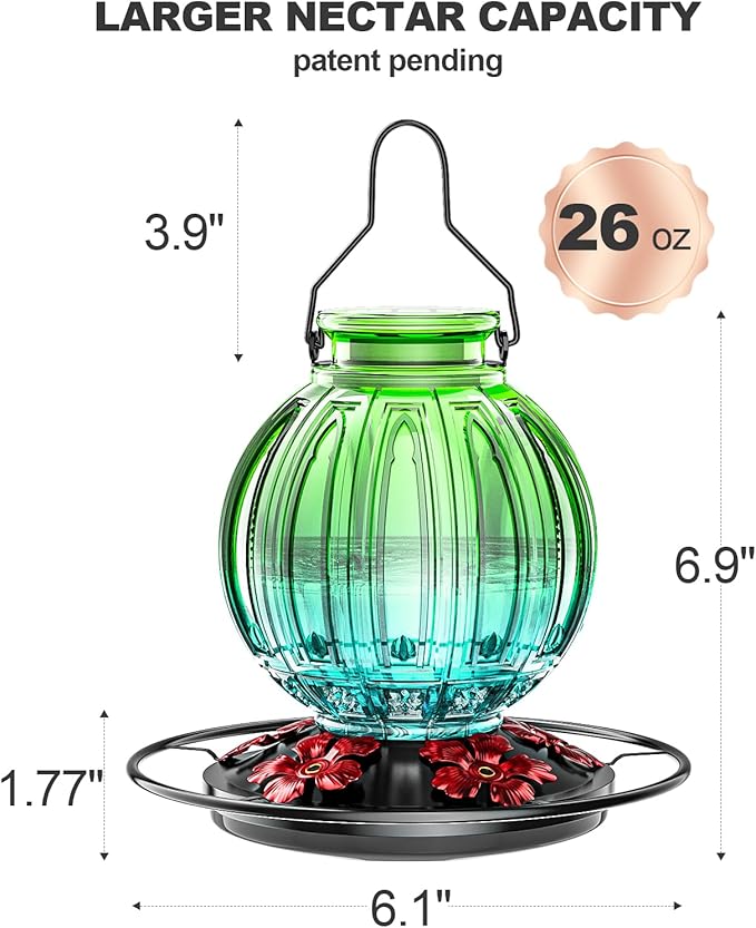 Glass Hummingbird Feeder for Outdoors Hanging, Bird Nectar Feeder with Perch & 5 Flower Feeding Ports, 26 Oz Leak Proof for Outside Garden Decor Backyard, Gifts for Women Mom, Green & Blue-VerdiqueGarden