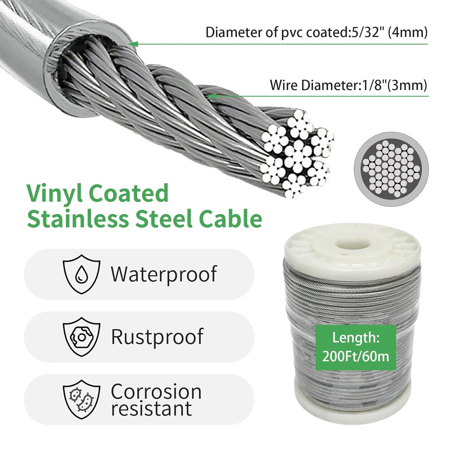 5/32" Wire Cable Rope Kit ，Vinyl Coated 304 Stainless Steel Wire – 200FT 7x7 Strand Cable with Turnbuckles，Shade Sail & Hanging Lights Hardware Kit for Outdoor, Garden,Patio, Crafts,-VerdiqueGarden