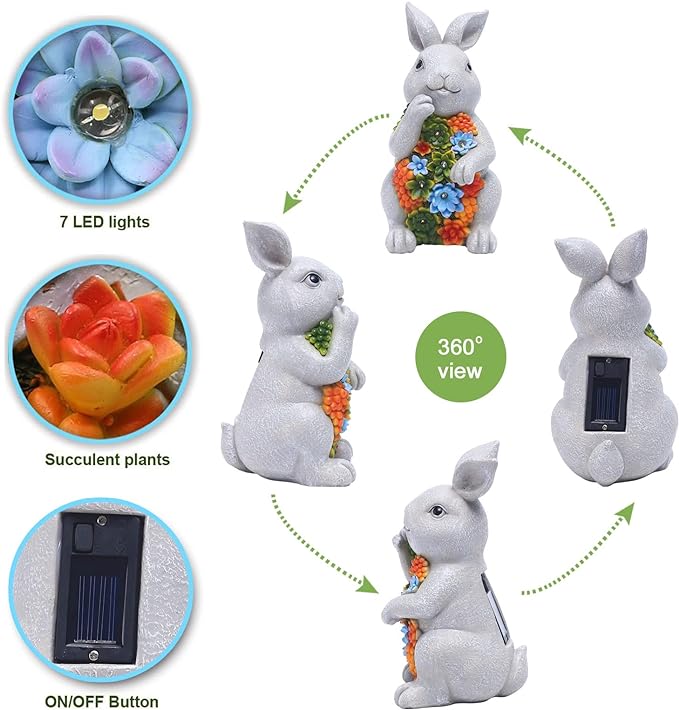 Nacome Solar Garden Outdoor Statues Bunny with Succulent and 7 LED Lights – Lawn Decor for Patio, Balcony, Yard Ornament - Unique Housewarming Gifts-VerdiqueGarden