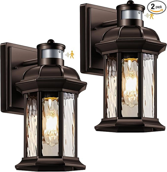 VIANIS Outdoor Light Fixture with Motion Sensor, 2 Packs Oil Rubbed Bronze Dusk to Dawn Exterior Garage Wall Sconce Lighting, 100% Aluminum Outside Porch Lights for House with Tempered Ripple Glass-VerdiqueGarden