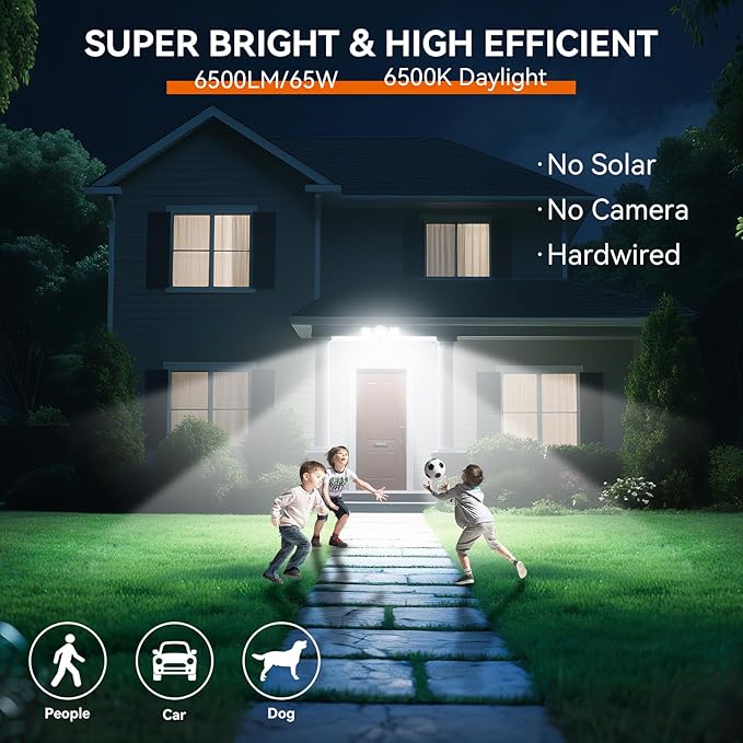 65W LED Flood Light Outdoor, 6500LM, Waterproof, 6500K Motion Sensor Flood Lights Outdoor with Adjustable 3 Head Detected Floodlight for Outside Entryway Garage, Yard, Porch, White, 2 Pack-VerdiqueGarden