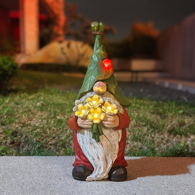 Garden Gnome Statue Outdoor Decor, Solar Garden Gnome Figurine Light, Resin Statues Sculpture for Patio Yard Lawn Outdoor Decorations-VerdiqueGarden