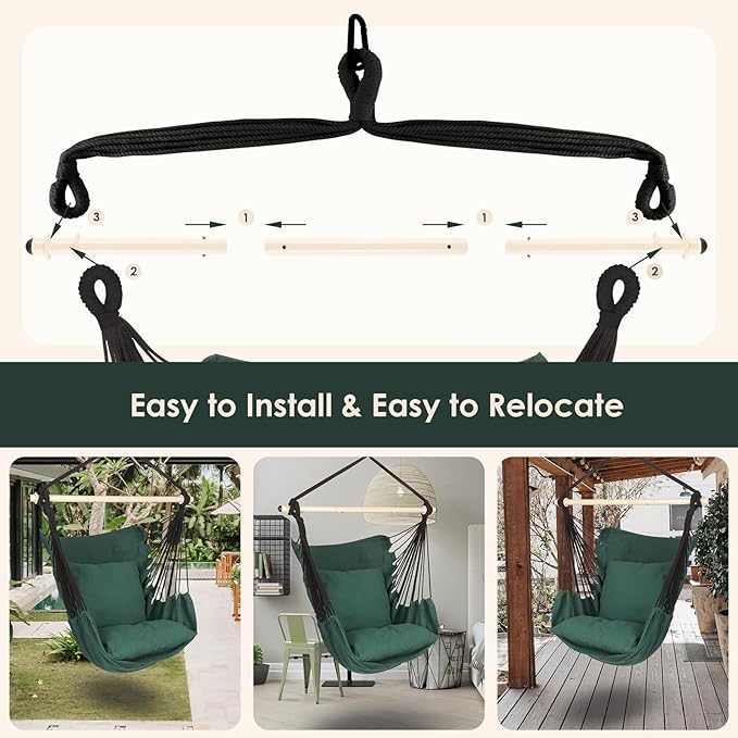 Highwild Hammock Chair Hanging Rope Swing - Max 500 Lbs - 2 Cushions Included - Steel Spreader Bar with Anti-Slip Rings - for Any Indoor or Outdoor Spaces (Green)-VerdiqueGarden