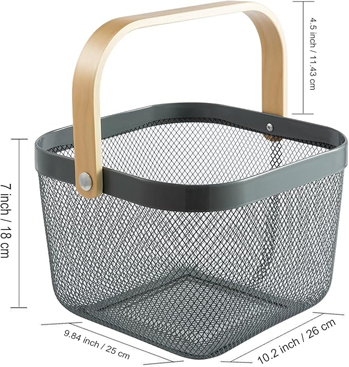 Metal Mesh Steel Basket, Storage Organizer Basket Multi-functional Hanging Kitchen Baskets Fruit Basket with Wooden Handle for Kitchen Bathroom Picnic Shopping Decor Cabinet Home, Grey-VerdiqueGarden
