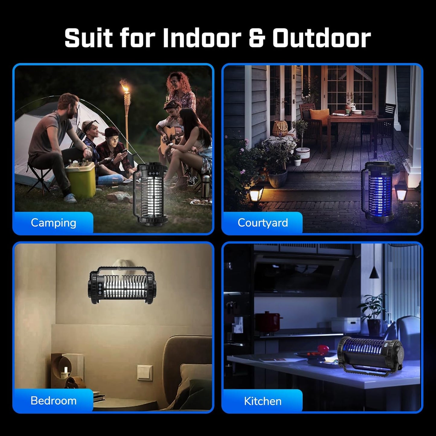 Portable Solar Powered Bug Zapper, 3 Mode (Sensor Auto/UV Light/LED) Mosquito Zapper with 4000mAh Battery, Portable Waterproof Rechargeable Fly Trap for Indoor Outdoor, Home, Patio (Black)-VerdiqueGarden