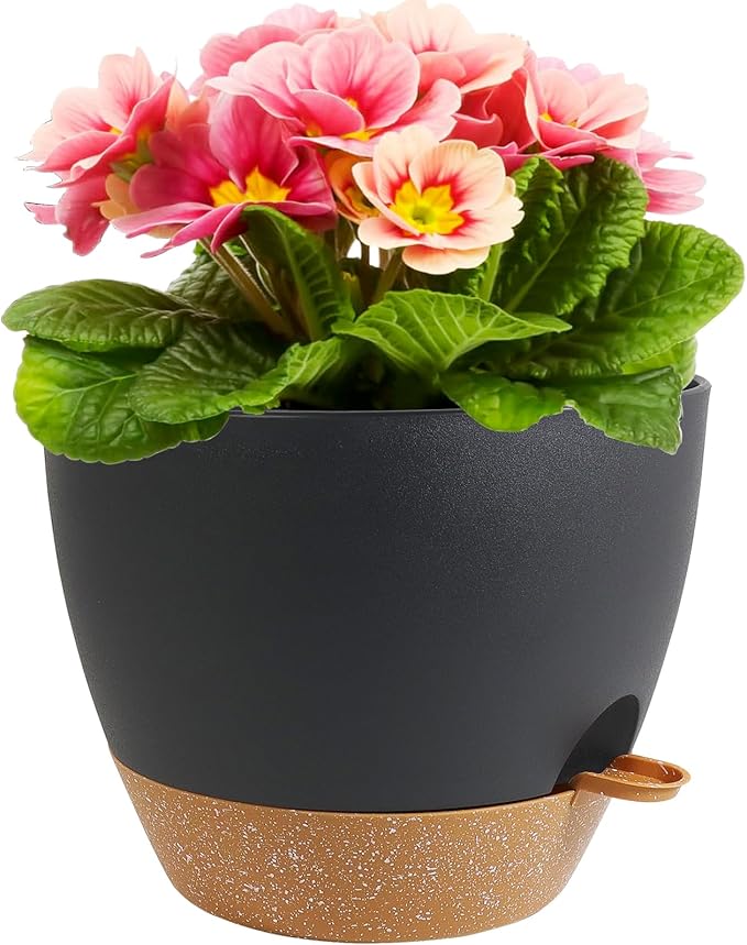 12 inch Large Self Watering Pots, Plant Pots with Mesh Drainage Holes for Indoor Outdoor Plants, Plastic Planters with Deep Reservoir for Garden House Flower Plants, Black with Brown-VerdiqueGarden