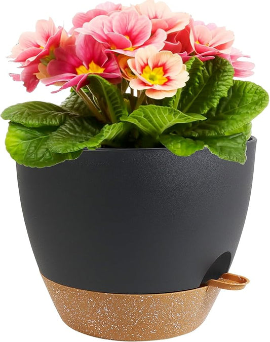 12 inch Large Self Watering Pots, Plant Pots with Mesh Drainage Holes for Indoor Outdoor Plants, Plastic Planters with Deep Reservoir for Garden House Flower Plants, Black with Brown-VerdiqueGarden