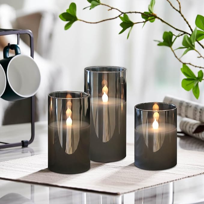 LED Flickering Candles with Remote Timer,Glass Flamless Pillar Candles Real Wax with 3D Wick Realistic,Warmth Decoration for Wedding Home Festival (Grey)-VerdiqueGarden