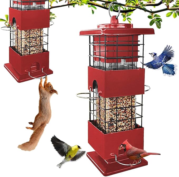 Squirrel Proof Bird Feeder, 3LBS Large Capacity Hanging Bird Feeders for Outdoors, Weight-Activated Perches Metal Anti-Squirrel Birdfeeder for Blue Jay, Cardinal, Outside (Red)-VerdiqueGarden