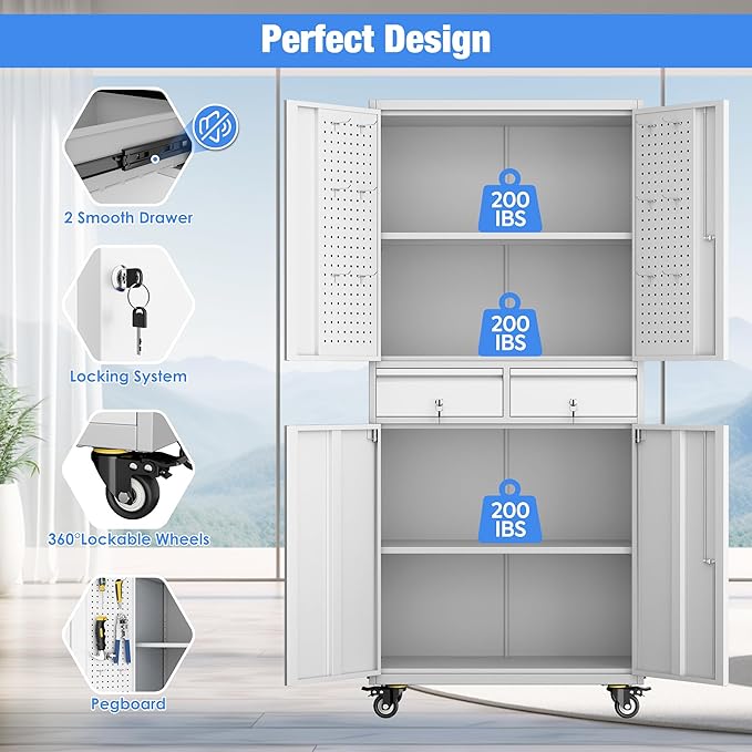 Metal Garage Storage Cabinet with Locking Doors and 2 Adjustable Shelves, Rolling Tool Storage Cabinet with 4 Wheels and 2 Drawer for Garage, Warehouse, White and Gray, Assembly Required-VerdiqueGarden
