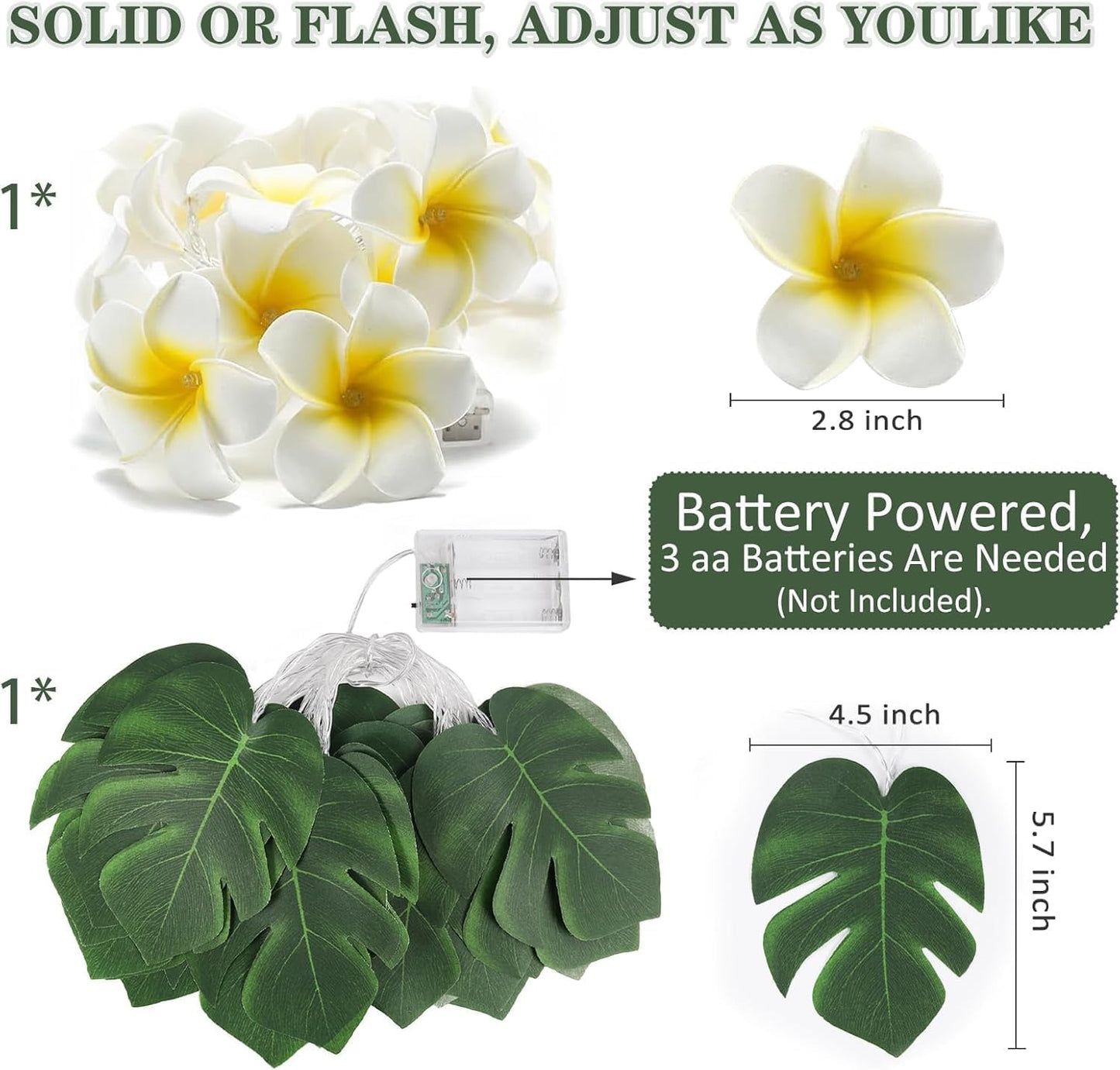 RECUTMS Monstera Leaf String Lights Artificial Foam Plumeria Tropical Palm Leaves Flower 40 LED Battery Operated Fairy Light Hawaiian Luau Beach Party Summer Decorations Outdoor Indoor(White+Green)-VerdiqueGarden