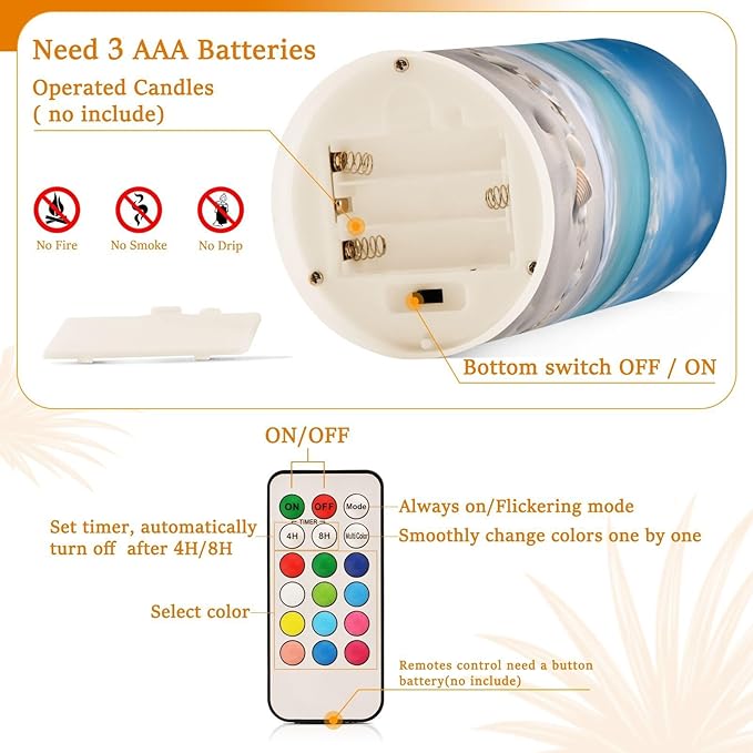 Flickering Flameless Candles, Starfishes Seashells Beach Blue Sky LED Candles with Remote Timer, Set of 2 Battery Operated Candle for Valentine Wedding Birthday-VerdiqueGarden