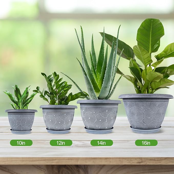 12 Inch Large Planter Pot for Plants Indoor Outdoor, 4 Pack Plastic Flower Pots with Drainage Hole & Tray, Modern Decorative Garden Pot with Saucer, Plant Container for House-VerdiqueGarden