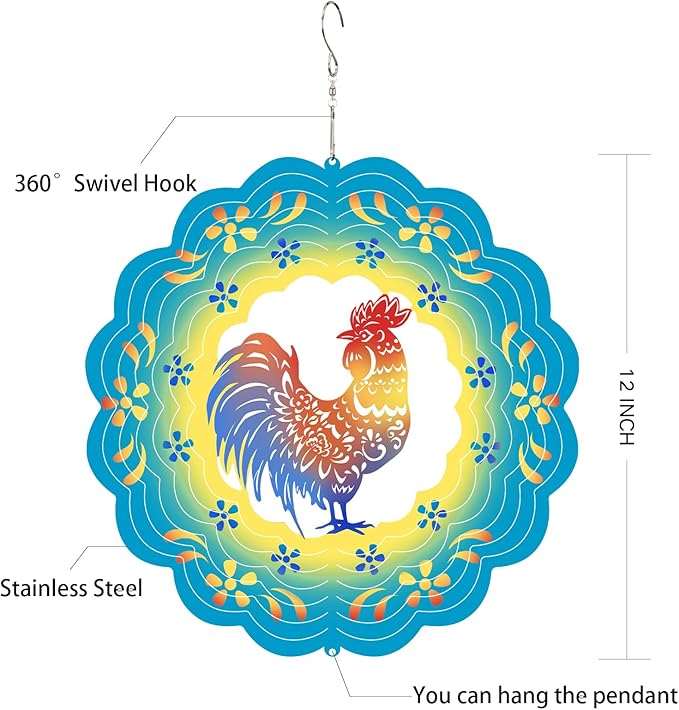 Rooster Wind Spinners Metal Chicken Gifts for Mom Women Grandma,12inch Hanging Wind Spinner for Outdoor&Indoor Decor Wind Chime Christmas Ornament Gifts for Yard Garden Decoration-VerdiqueGarden