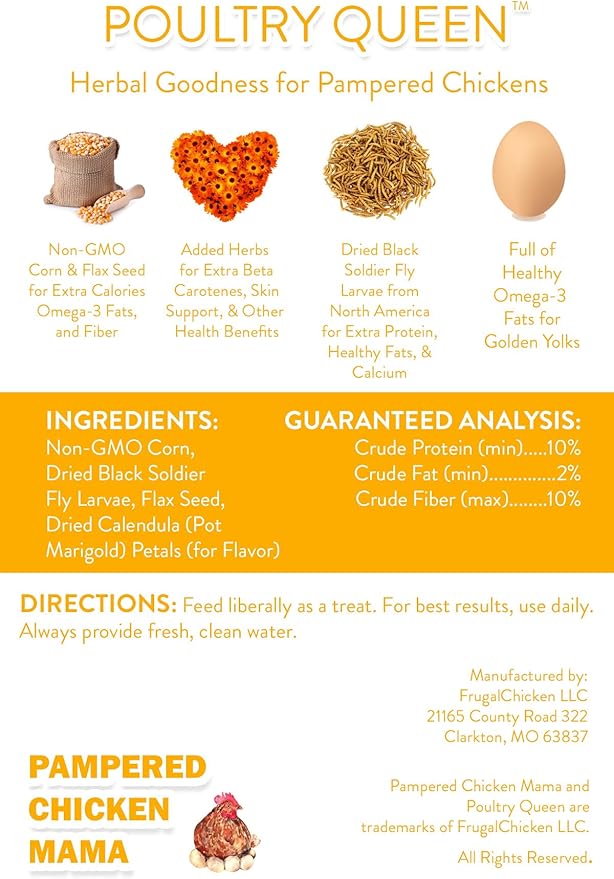 Pampered Chicken Mama Non-GMO Mealworm, Corn, Flax, & Herb Treat (10 Pounds) for Backyard Chickens, Healthy Layer Feed & Supplies for Pet Chickens Poultry Queen Treat for Hens-VerdiqueGarden