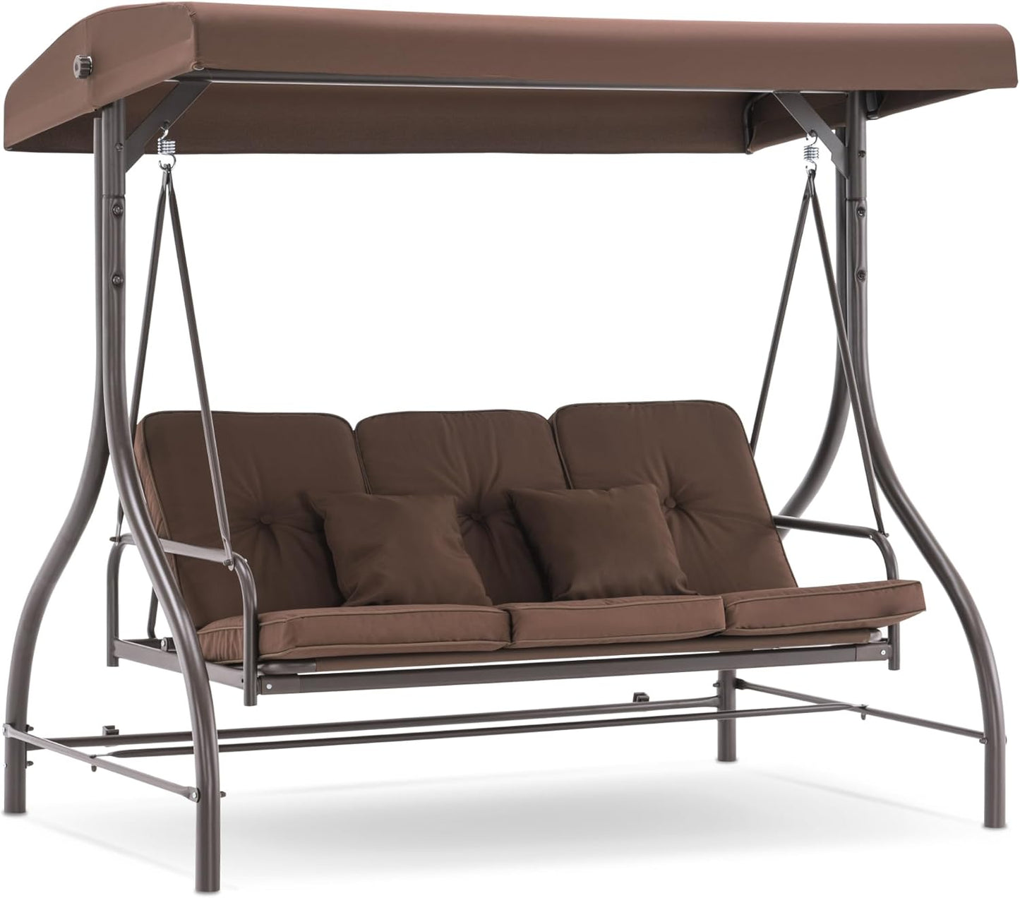 MCombo 3-Seat Outdoor Patio Swing Chair, 2-in-1 Convertible Porch Swing Glider Chair with Removable Cushions, Adjustable Canopy & Pillows for Backyard, Deck, Garden, 4068 (Brown)-VerdiqueGarden