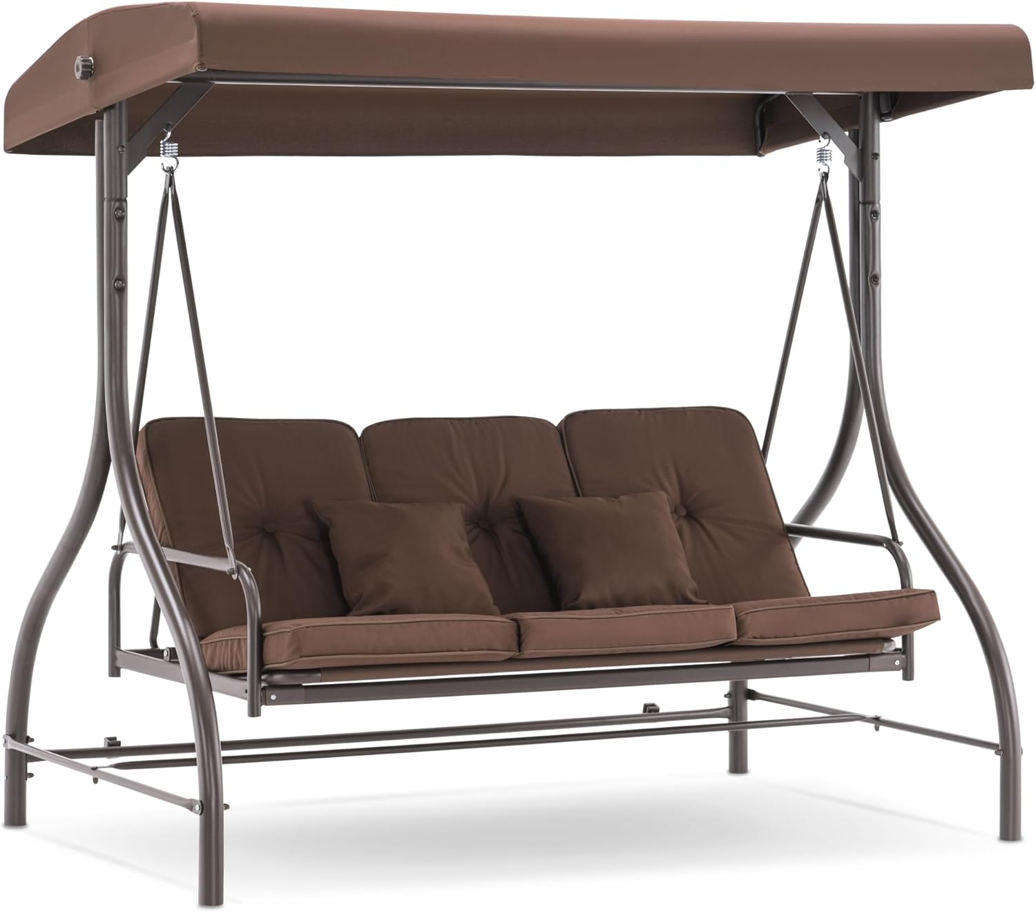 MCombo 3-Seat Outdoor Patio Swing Chair, 2-in-1 Convertible Porch Swing Glider Chair with Removable Cushions, Adjustable Canopy & Pillows for Backyard, Deck, Garden, 4068 (Brown)-VerdiqueGarden