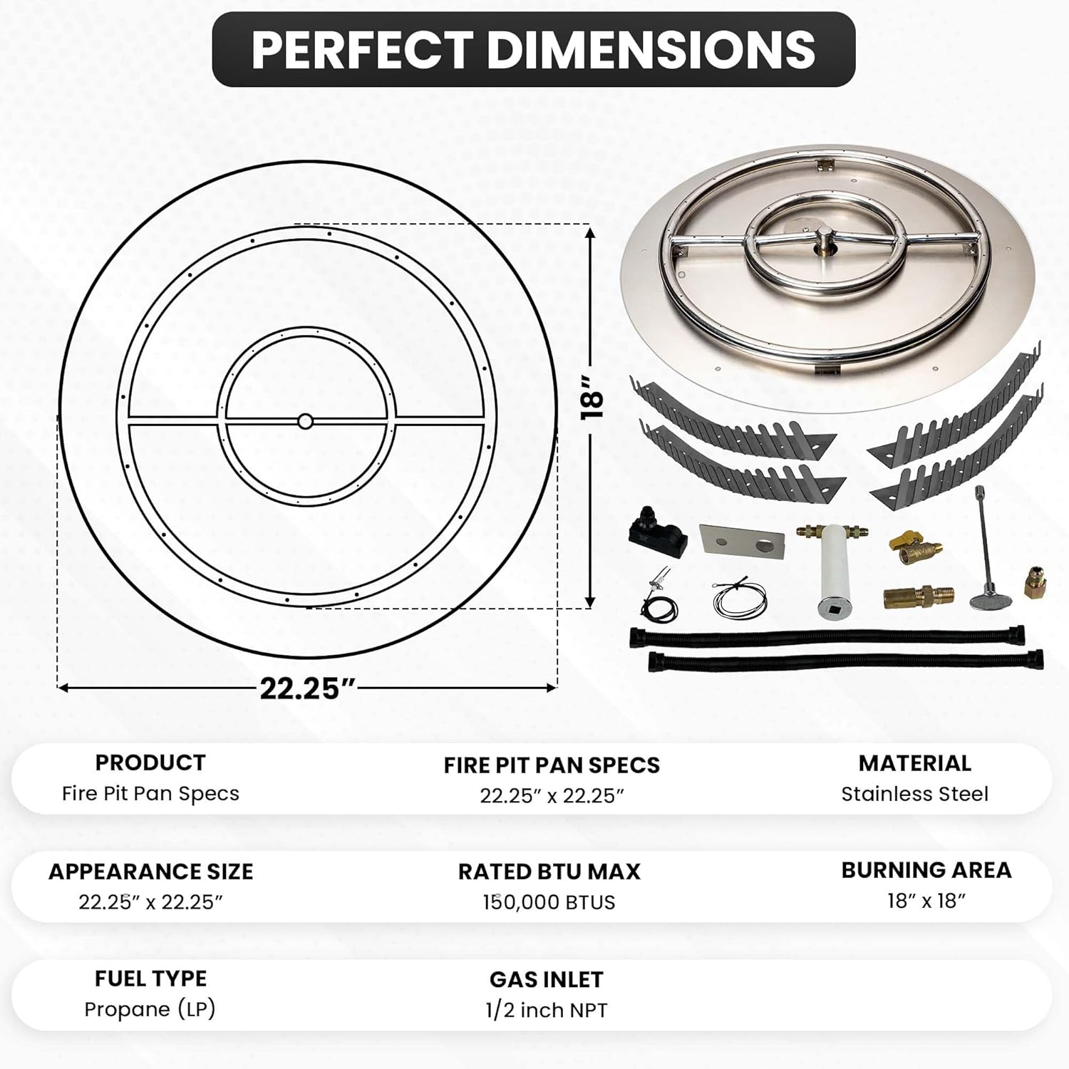 Stainless Steel Fire Pit Burner Pan & Ring Pro Kit for Liquid Propane, 22-Inch Pan, 18-Inch Ring, 150,000 BTU Max-VerdiqueGarden