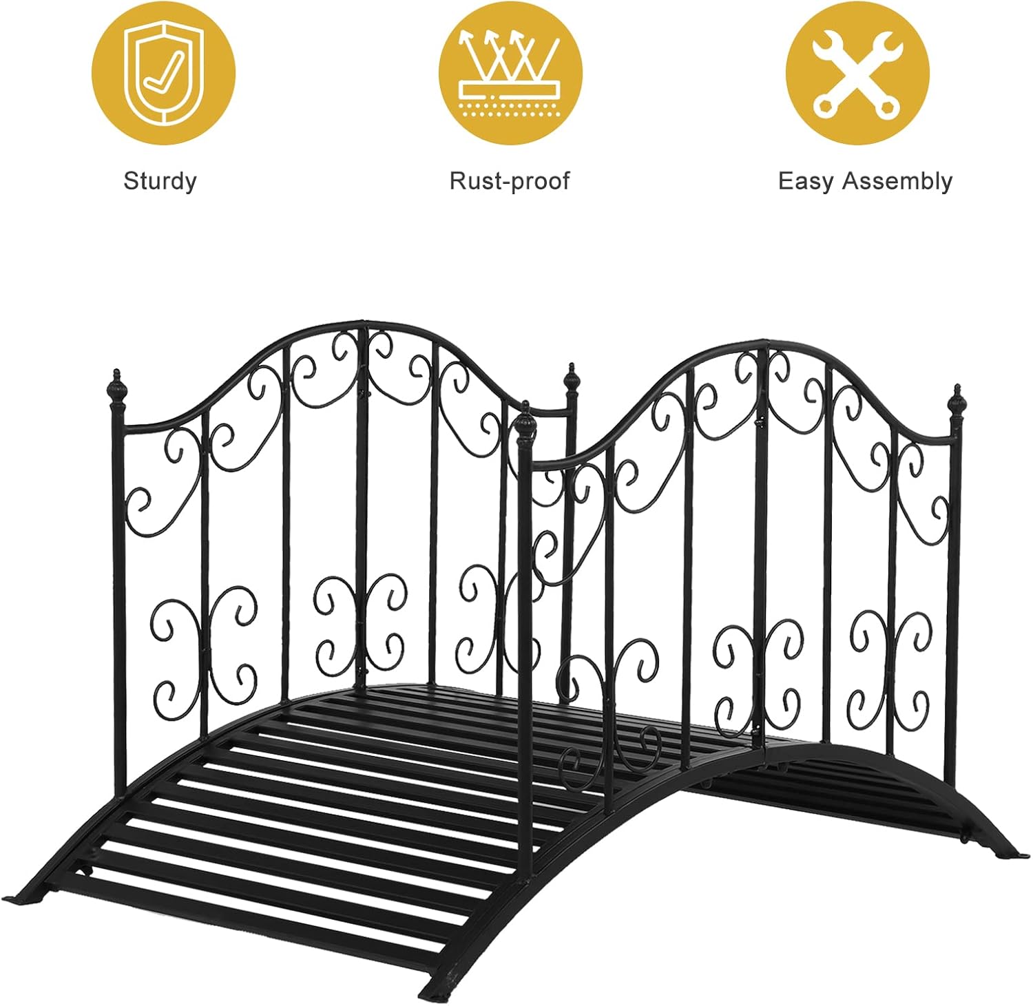 VINGLI Garden Bridge Metal Yard Arch Path Bridge with Patterned Guardrails, Ourdoor Decorative Black Iron Foot Bridge for Pond and Backyard Landscaping-4FT-VerdiqueGarden