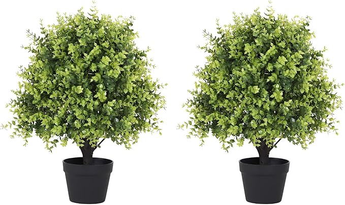THE BLOOM TIMES 2ft Faux Boxwood Plants Outdoor Set of 2, Topiary Balls Artificial Outside Trees, 24" UV Resistant Fake Greenery Bushes & Shrubs for Front Porch Planter-VerdiqueGarden