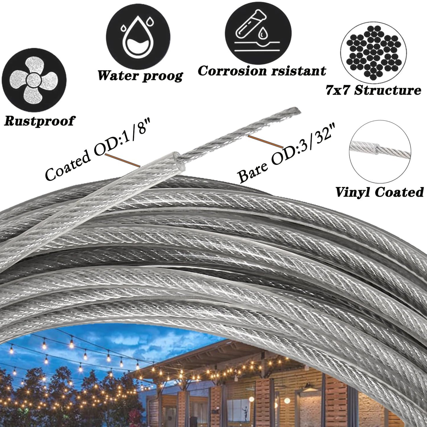 1/8" Stainless Steel Cable,100ft Wire Rope Kit Turnbuckles for Cables Wire, 7x7 Strand Core 3/32" Overmolded to 1/8" Metal Cable for Outdoor Hanging Kit,Garden Fence,Decor, Plant Hanger-VerdiqueGarden