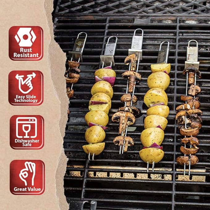 BBQ-AID Premium Barbecue Metal Skewers for Kabobs with Quick Release - Double Pronged, Stainless Steel Metal Skewer for Grilling - Shish Kabob Sticks, Veggies & More-VerdiqueGarden