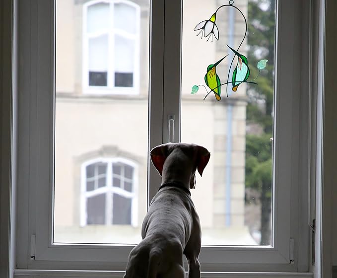 Hummingbird with Flower Stained Glass Suncatcher Bird Stained Glass Window Hangings Hummingbird Gift for Women Home Decor-VerdiqueGarden